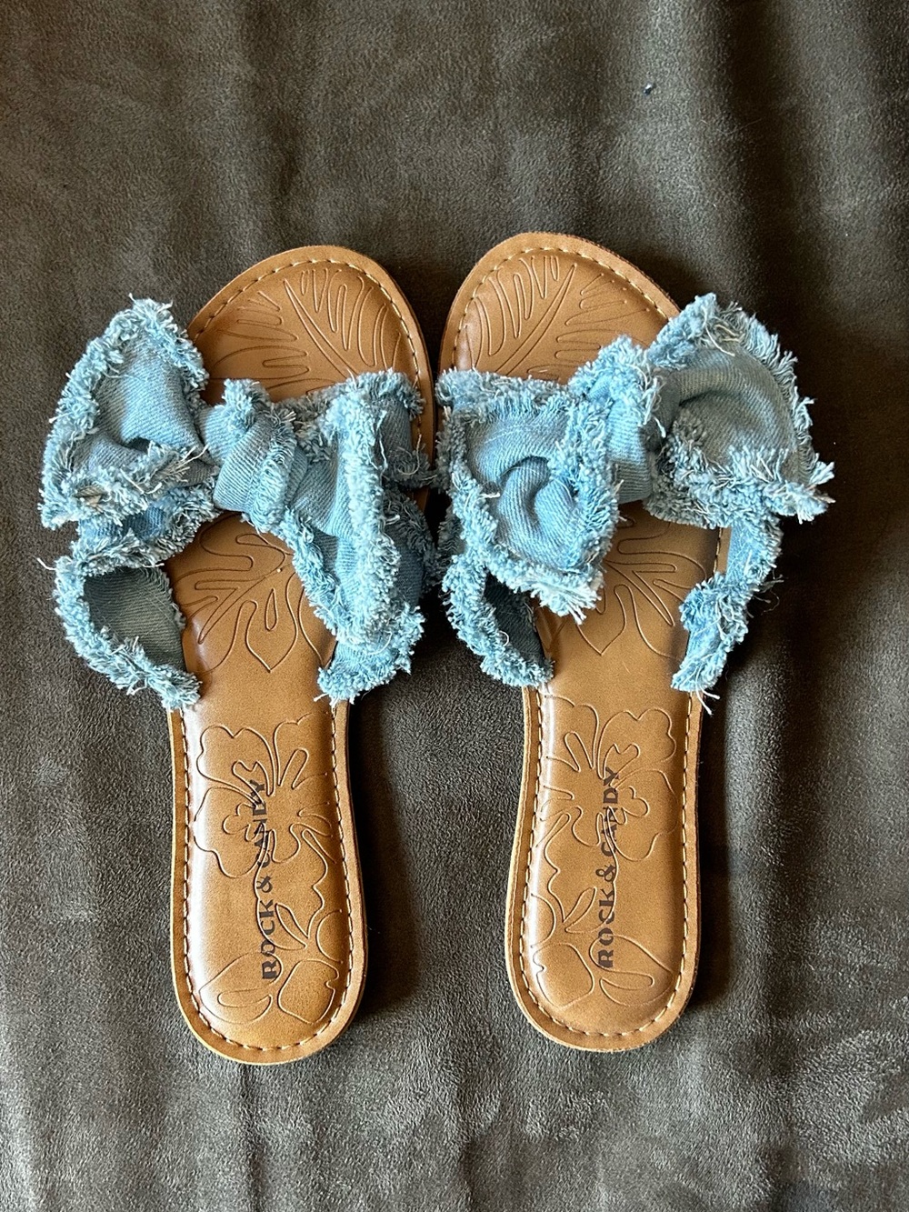 Denim Bow Slide Sandals in Light Blue - Women